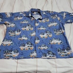 Pierre Cardin Hawaiian Shirt Mens XXL Blue Island Tropical Palm Tree Aloha